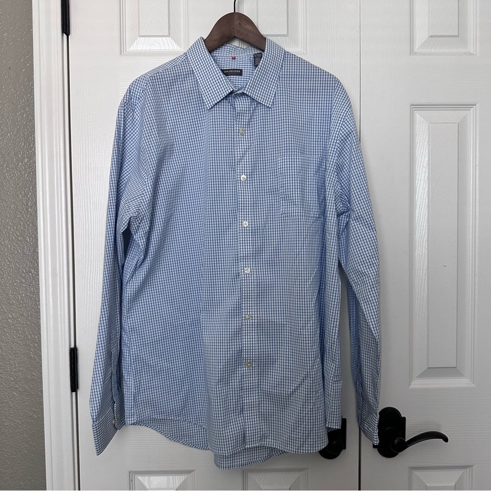 Van Heusen Men’s Long Sleeve Blue Plaid Button Down Shirt Size XL 17-17 1/2